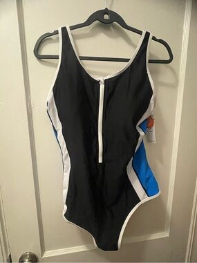 Attarco Black Zip-Front One-Piece Swimsuit with Blue & White Panels